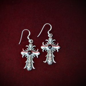 Ornate Cross & Garnet Earrings