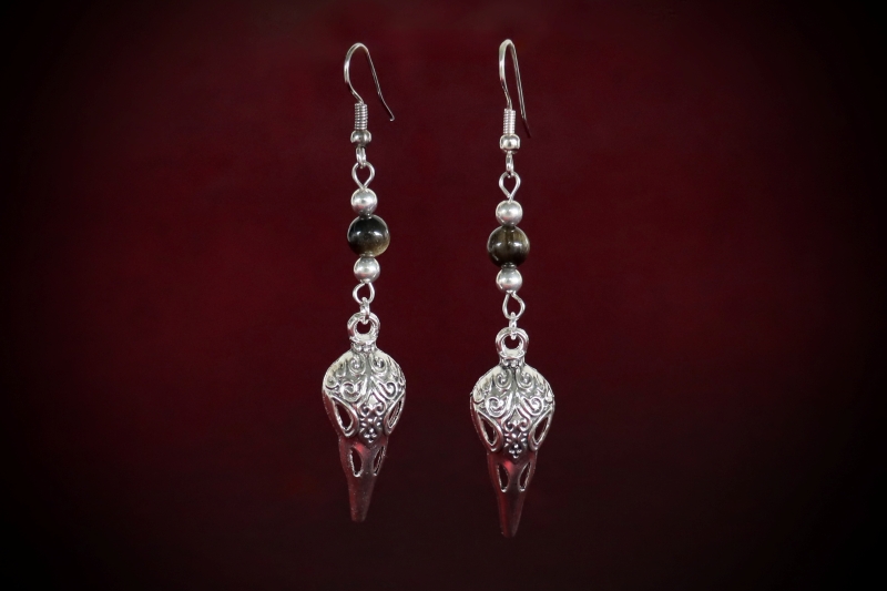 Jewellery_Earrings#10-S.Silver-Raven-Skull+Blk-Obs-Tibetian+S.Sil-KS-web (2)