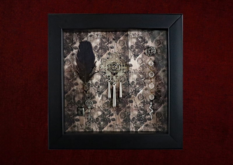 Close-up of traditional oddities including an authentic raven feather, stainless steel snake, and vintage marcasite watch link in an occult display frame.