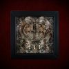 Repurposed black shadow box frame featuring a willow sun wheel, shed snake skin remnant, and bones against a sepia skulls and roses backdrop.