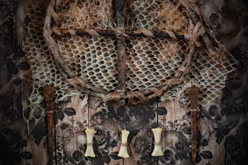 Macro view of two symmetric horseshoe nails and three authentic bones placed beneath a willow sun wheel in an occult oddities display.