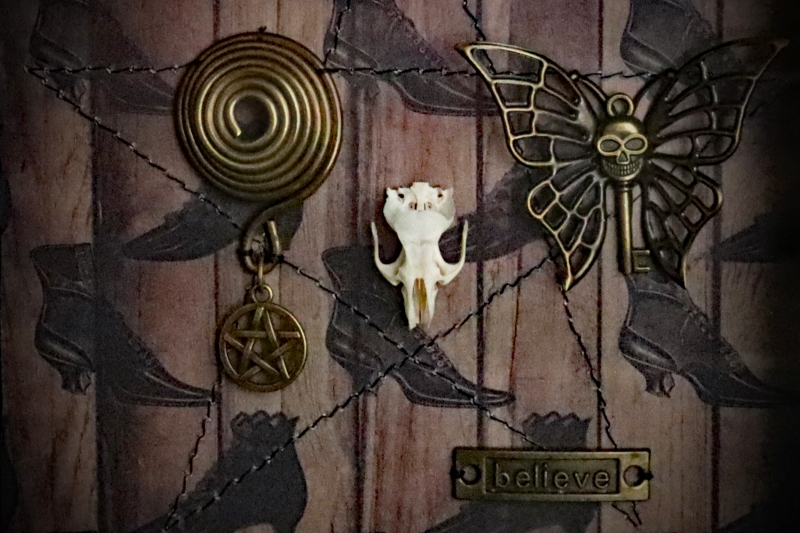 Detailed shot of a spiral pentacle charm and a golden butterfly with a skull-key body in a traditional gothic shadow box.