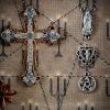 Detailed view of the 7cm sparkling diamante-loaded cross centrepiece inside a traditional gothic curiosity display frame.