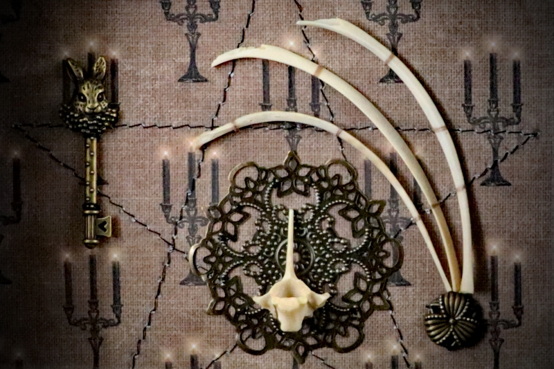 Detailed shot of three hare rib bones arching over a filigree disc with an authentic hare vertebra centrepiece inside a pagan curio frame.