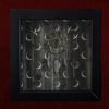 Detailed close-up of a Wiccan shadow box highlighting the precise machine-sewn thread pentagram and the intricate filigree of the central metal mandala disc.