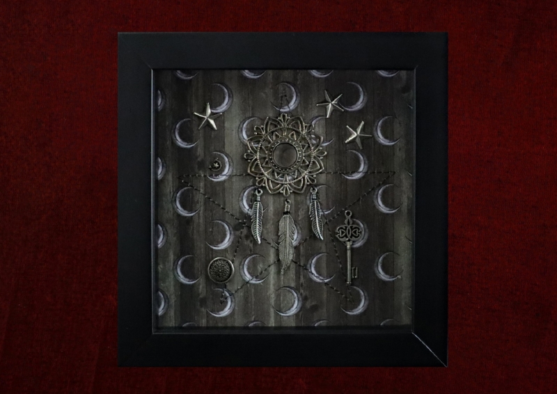 Detailed close-up of a Wiccan shadow box highlighting the precise machine-sewn thread pentagram and the intricate filigree of the central metal mandala disc.