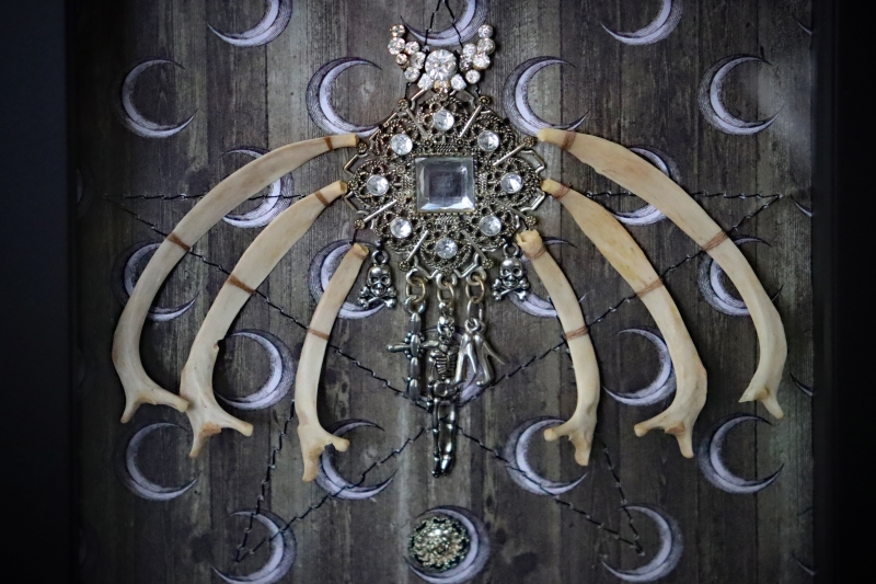 Macro photograph focusing on the contrasting textures of the smooth white hare bones, sparkling vintage diamantes, and the machine-sewn thread pentagram.