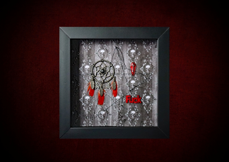 Repurposed black shadow box frame featuring an asymmetrical layout with a skull dreamcatcher, red lorikeet feathers, a red enamel coffin, and red painted lettering reading ‘FUCK’ on a skulls and ivy backdrop.