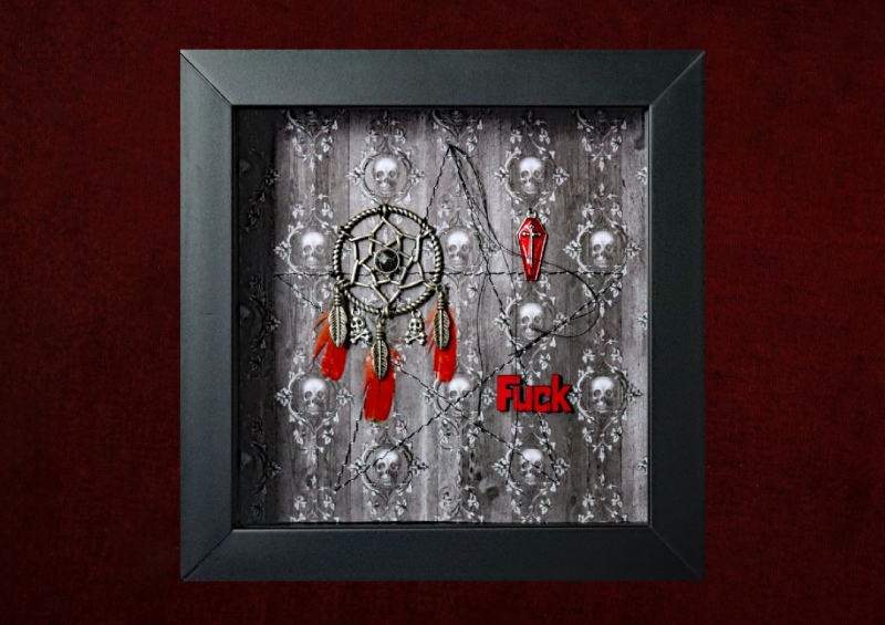 Close-up shot of the left side of the shadow box, highlighting the intricate metal dreamcatcher, its black onyx-coloured centre stone, skull charms, and bright red lorikeet feathers.