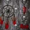 Detailed close-up focusing on the vibrant red enamel coffin charm with an inset cross and the bold red painted word ‘FUCK’ beneath it.